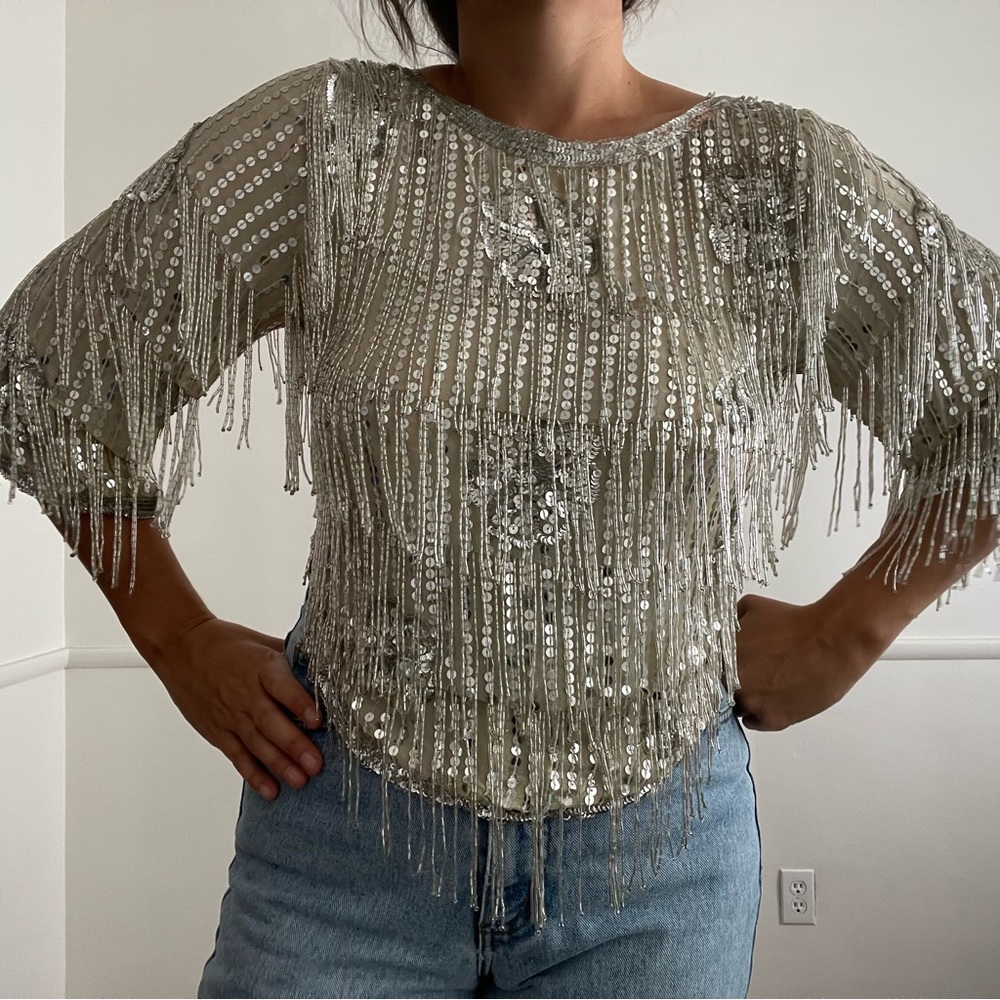 silver beaded silk top